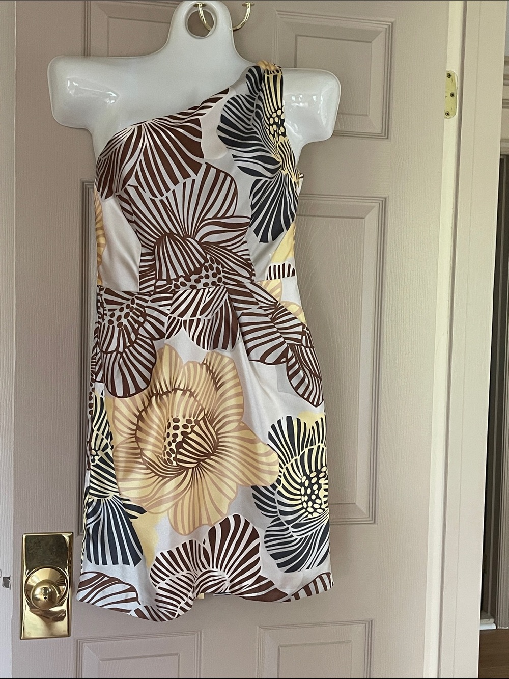 Onyx Nite One-Shoulder Floral Dress in Brown, Cream and Black